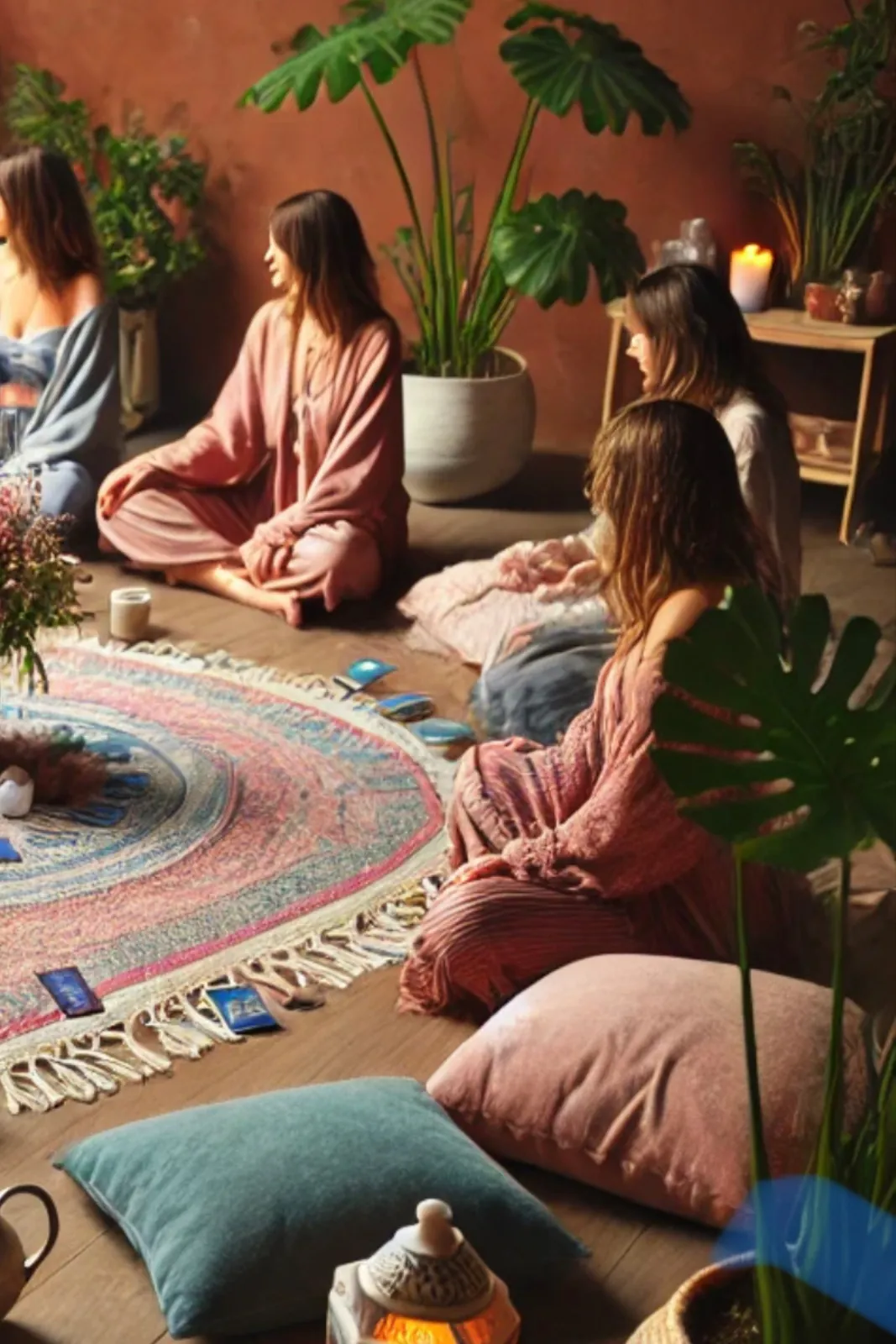 Gathering circle seated on floor cushions with tea and oracle cards