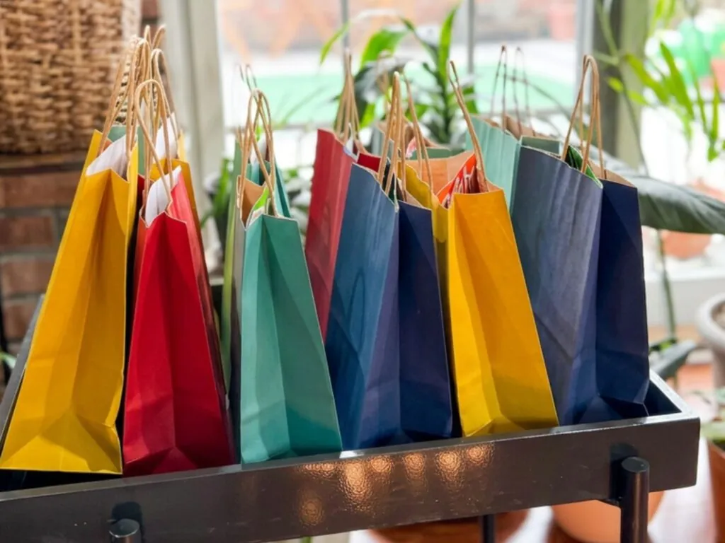Colorful goodie bags for a kids birthday party