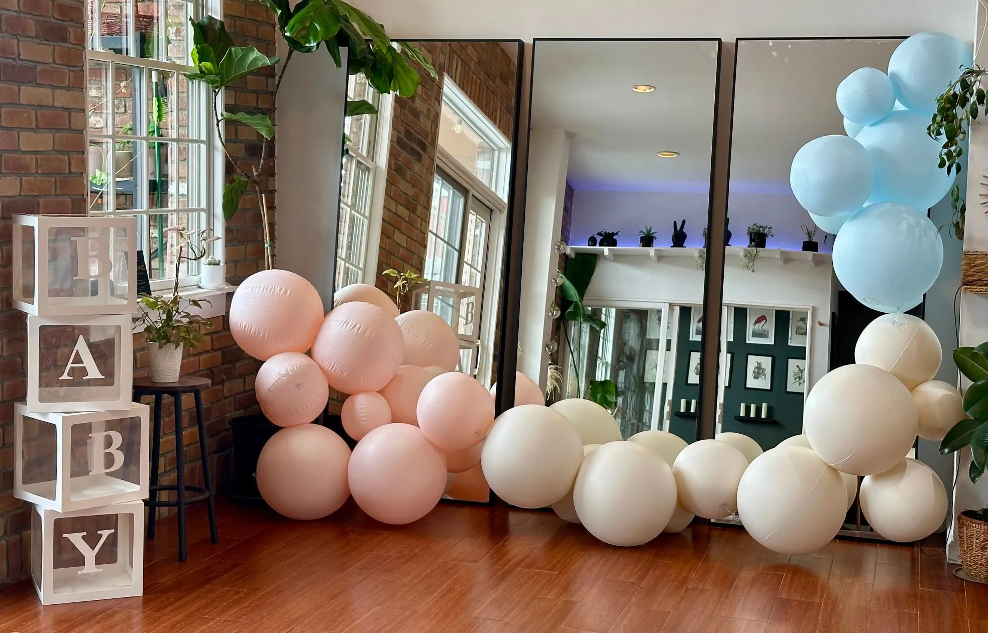 Pastel balloons and letter blocks as party decoration