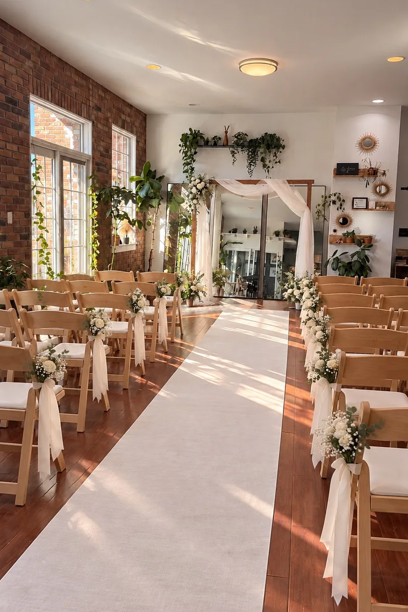Brooklyn wedding chapel with a white aisle runner, wooden chairs and a draped floral arch