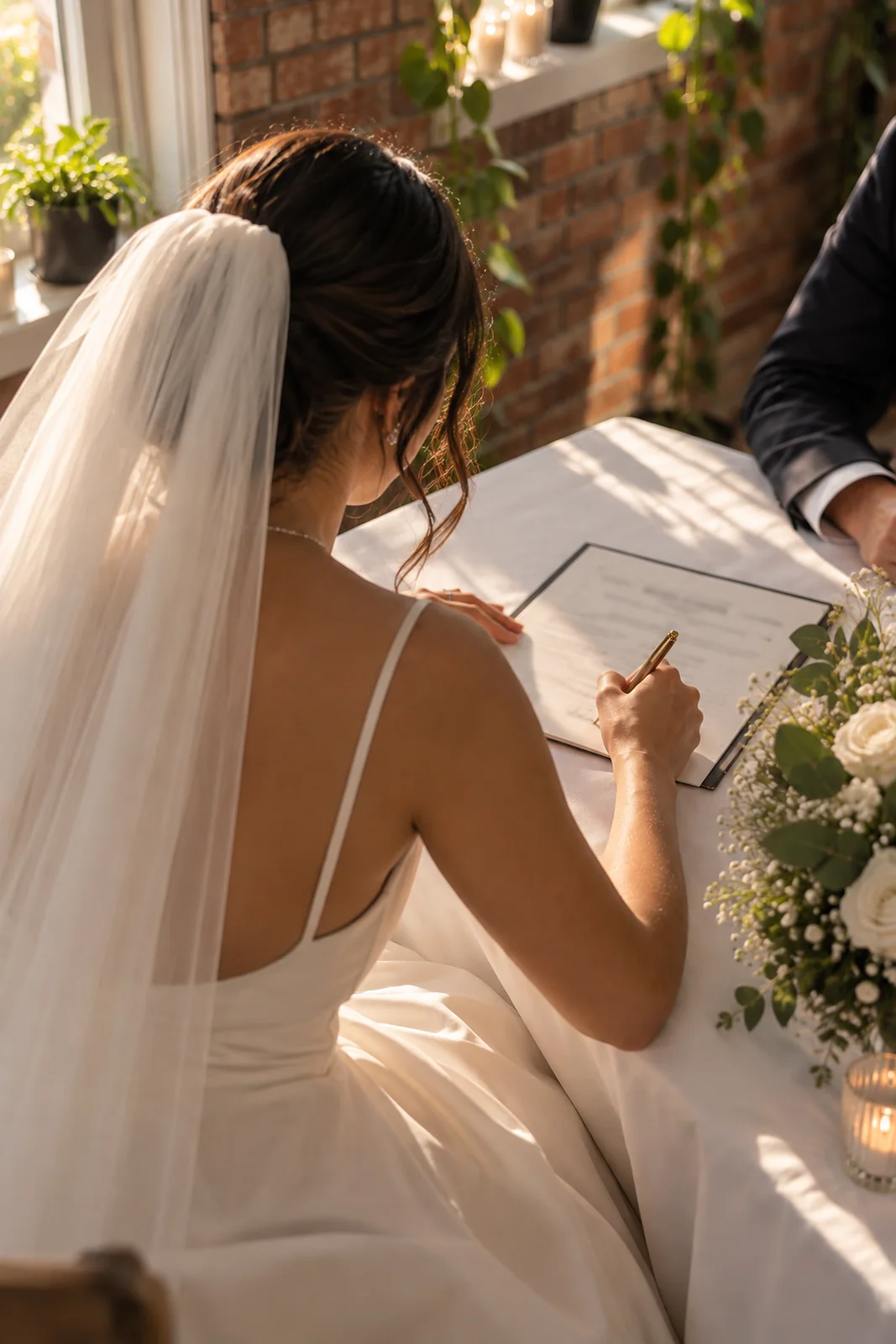 Bride signing her marriage license at the chapel