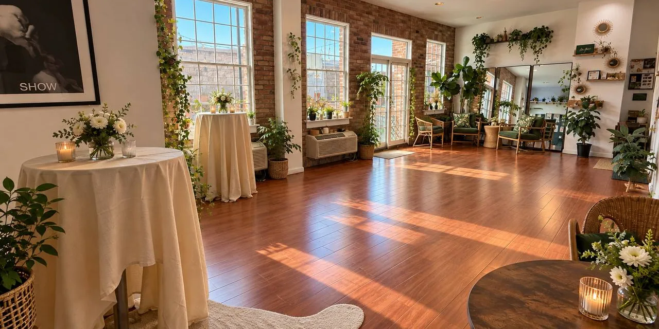Sunlit event space at Green Boutique with brick walls, hardwood floors, plants and cocktail tables