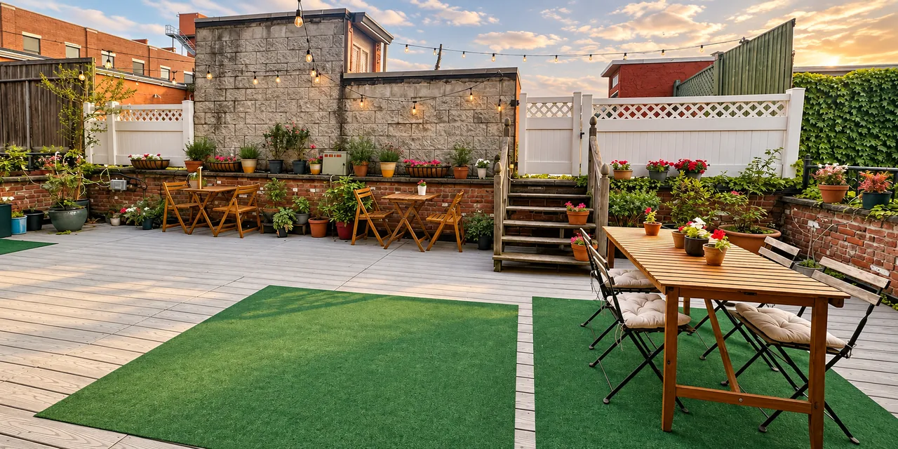 Green Boutique rooftop terrace in Gowanus, Brooklyn, with string lights, faux-grass mats and outdoor furniture at sunset